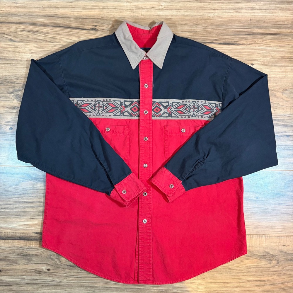 Panhandle Slim Vintage Western Shirt Men Large 16.5 Red Navy Colorblock USA Made